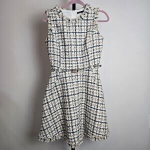 Mohito Fit‎ and Flare Tweed Fringe Classic Belted Dress Cream Pink Black Plaid S